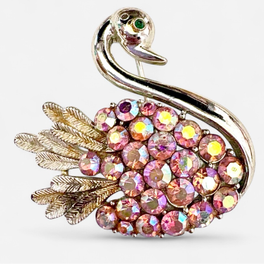 Coro Vintage Swan Rhinestone Brooch Pink Aurora Borealis Ab Two Tone Retro Pin 25$